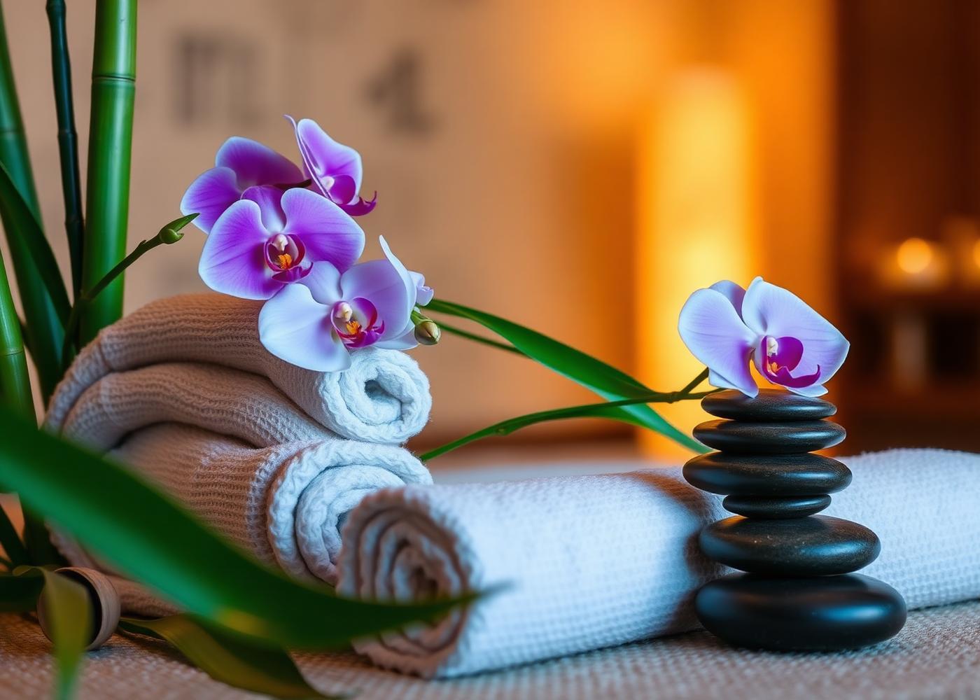 Spa towels, orchids and hot stones